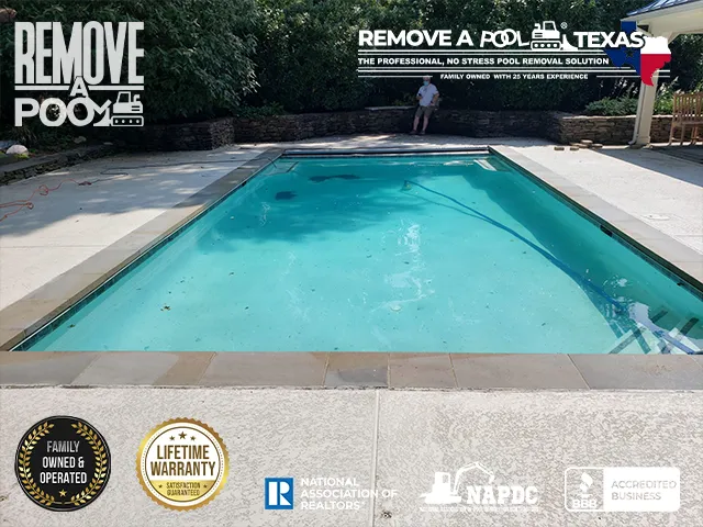 Initial Pool Condition - The pool before the removal process begins. - Remove A Pool Dallas Fort-Worth Texas - Remove A Pool DFW