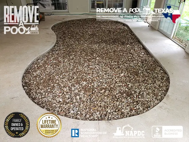 Filling with Gravel - Filling the pool cavity with gravel to ensure proper drainage and stability.